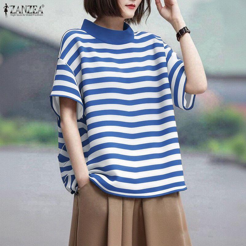 ZANZEA Damen Lässig Stehkragen Locker Halber Ärmel Streifen T-Shirt