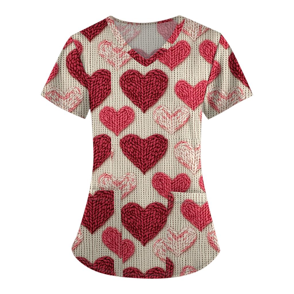 Damenmode V-Ausschnitt Kurzarm Overalls mit Tasche Valentinstag Bedruckte Oberteile Kleidung