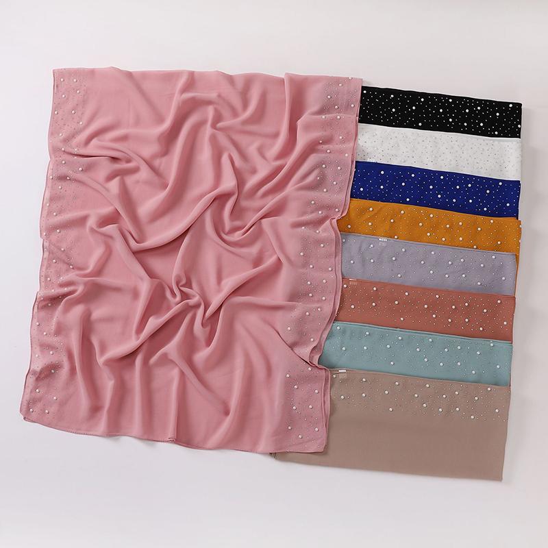 Ramadan Plain Bubble Pearl Chiffon Scarf Big Size Cotton Rayon Muslim Hijab Women Headscarf Wrap Shawls Female Islamic Turban