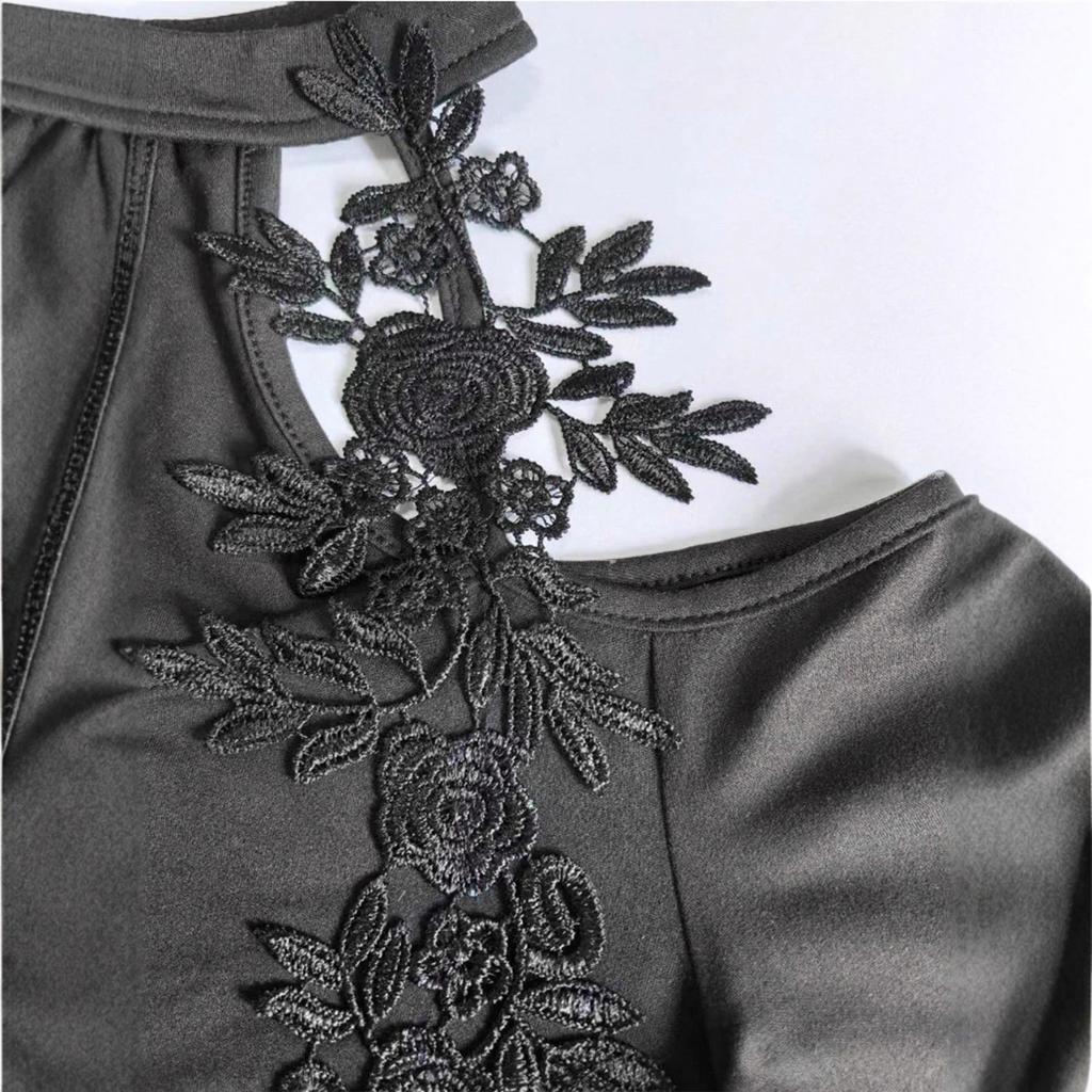 Spring Autumn Hollow Out Off Shoulder Applique Ruched Curved Hem Slim Flattering Versatile Top Fashion Casual Slim Fit Ladies Elegant Top
