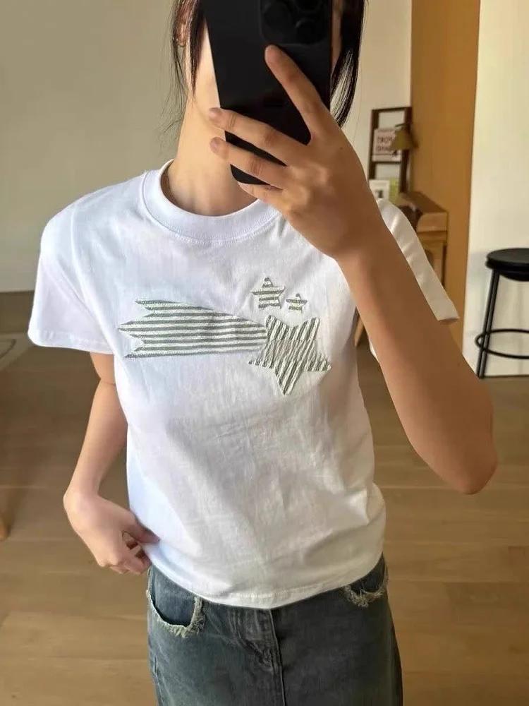 Summer Striped Shooting Star Print T-shirt for Women Short Sleeve Design Trendy Hot Girl Round Neck Top Women Clothes Vintage