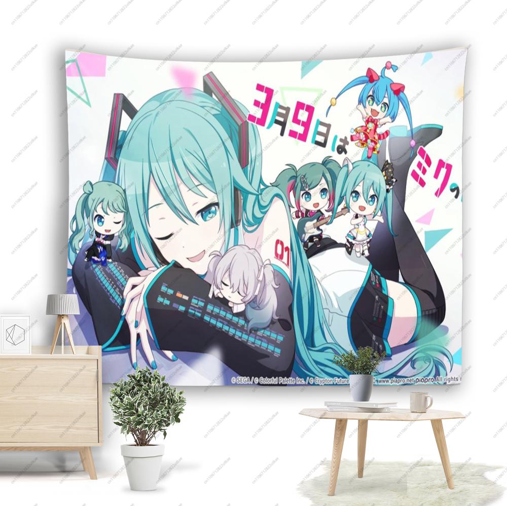 Hatsune Miku Chibi Group Anime Tapestry Teal Vocaloid Kawaii Wall Hanging Bedroom Decor