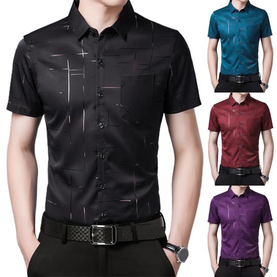 Men Shirt Business Formal Turn-down Collar Silky Summer Top for Work