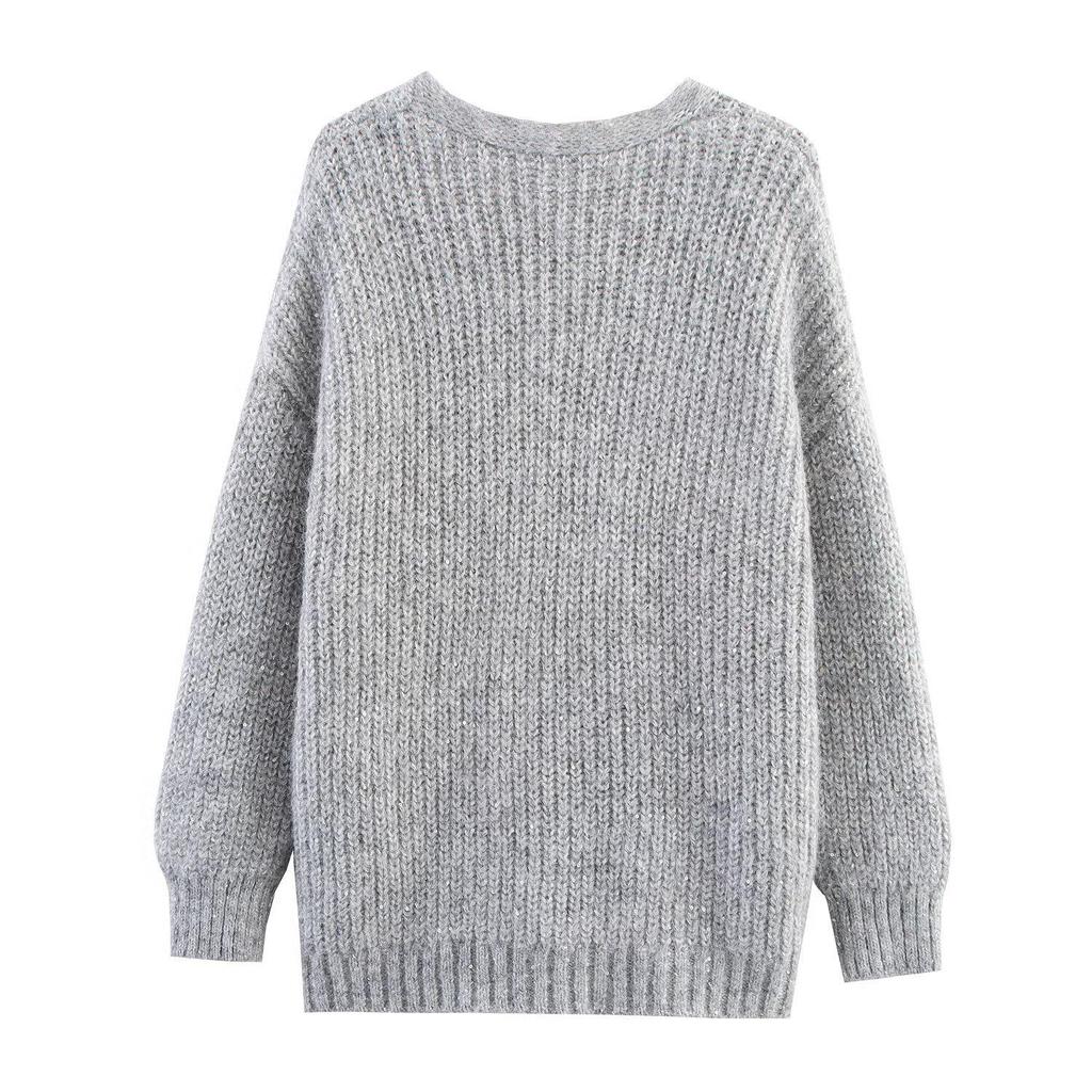 2025 Autumn Women's European & American Style Loose Knit V-neck Long Sleeve Cardigan Sweater
