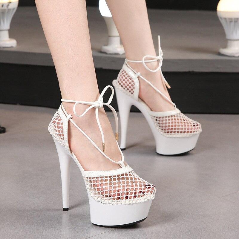 Buty damskie Casual Match Summer Hollow oddychająca siateczka cienkie sznurowane sandały seria 8661 15cm obcas 5cm platforma LFD