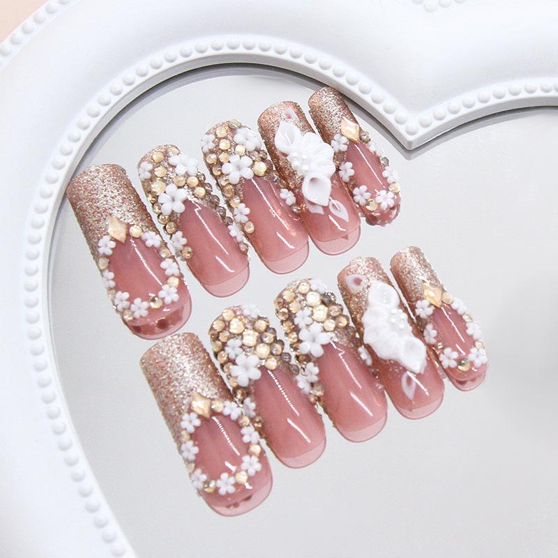 French flash gold pile diamond flower atmosphere Spice girl ins wind removable nail piece Wear nail 24