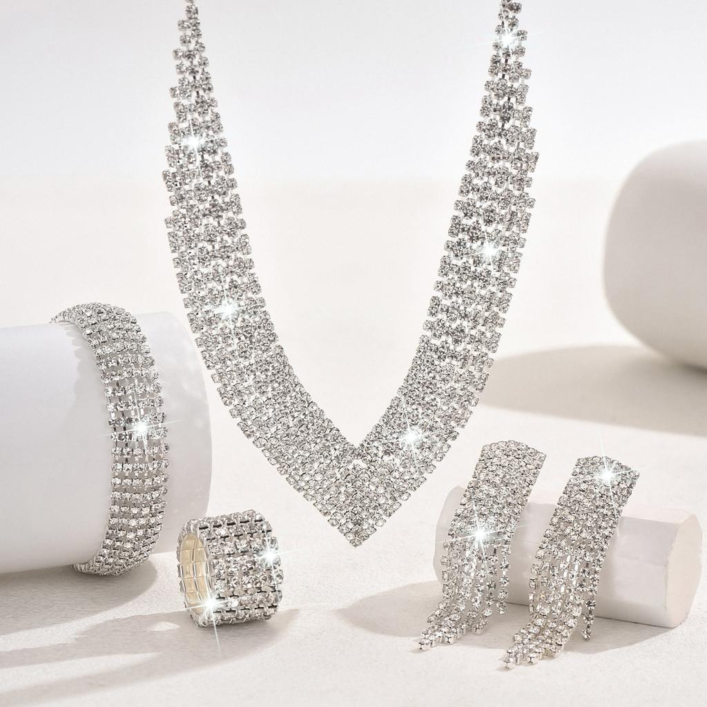 Premium Design Full Diamond Super Flash Necklace, Tassel Earrings, Bracelet, Ring Set Bridal Jewelry Set