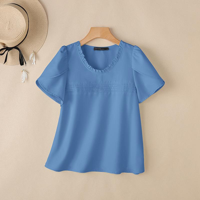ZANZEA Women Casual Round Neck Summer Short Sleeve Blouse