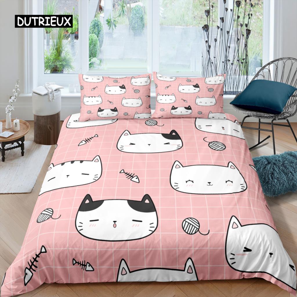 Schattige Huisdier Katten Beddengoed Set Cartoon Kitten Print Dekbedovertrek Kussensloop voor Meisje Twin Full King Double Size Polyester Dekbedovertrek 140x200cm 3pcs