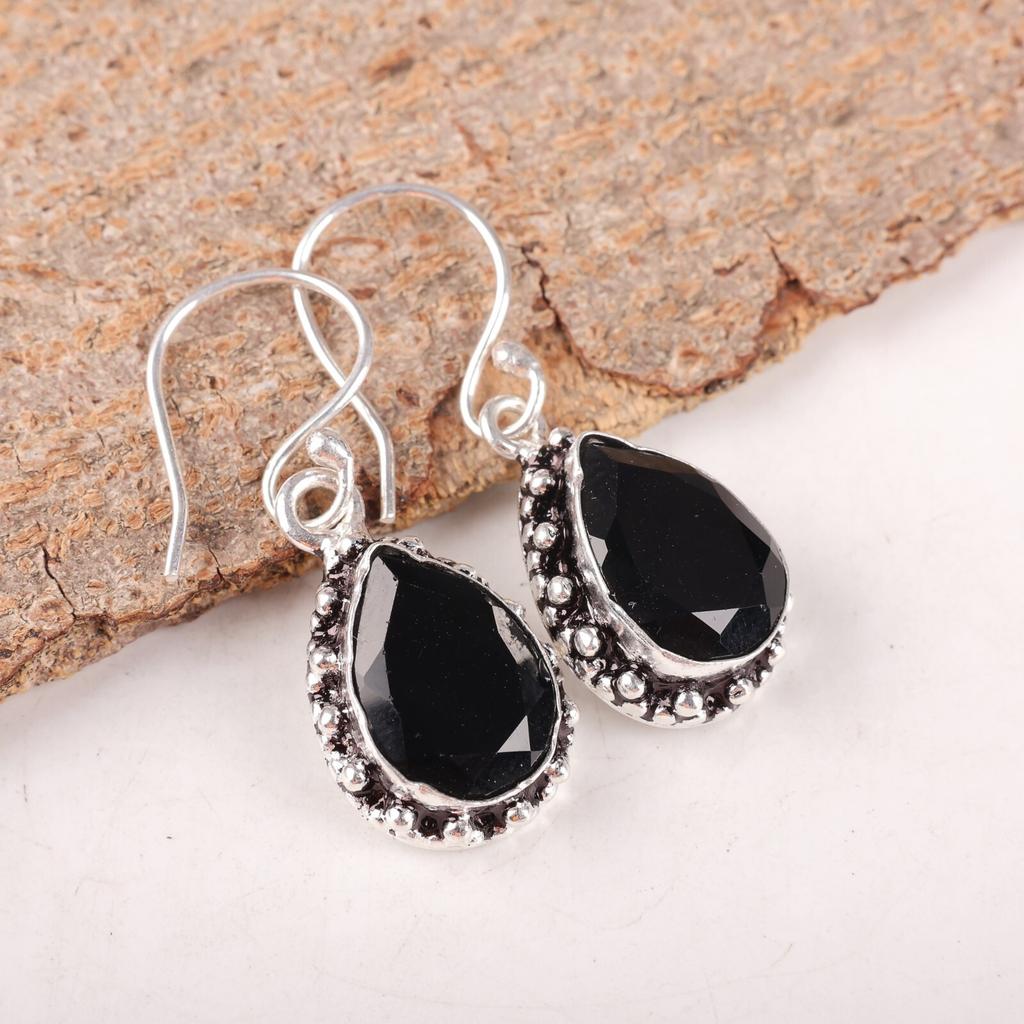 Dainty Black Onyx Gemstone 925 Sterling Silver Jewelry Partywear Earrings 1.41" EE-97-18
