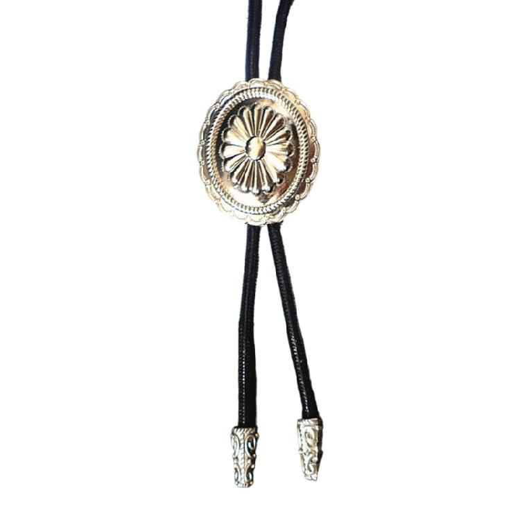 Western Cowboy Vintage Metal Flower Bolo Tie Adjustable Braided Rope Necktie Feathered Pendant Charm Jewelry Necklace