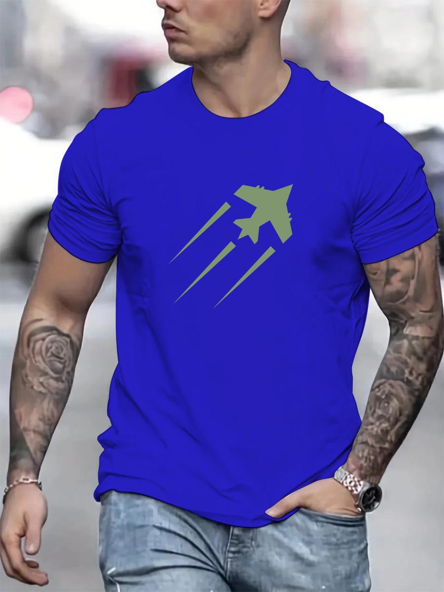 

Men s summer 100%cotton fashionable casual sports loose airplane pattern printed round neck short sleeved T-shirt top S