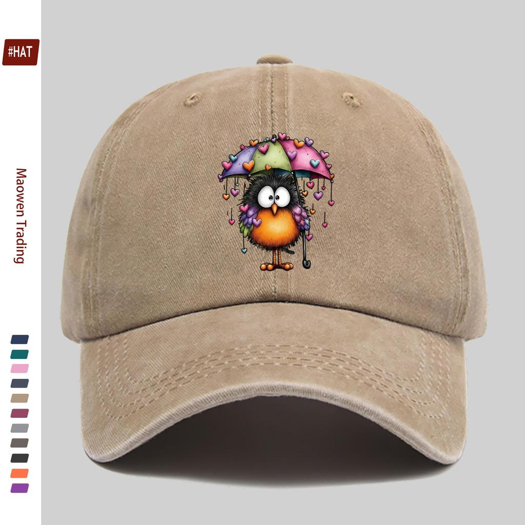 pc Vintage Cute Bird And Heart Umbrella Print Baseball Cap Home Leisure Decor Hat Multicolor Heart Print Papa Cap Adjustable