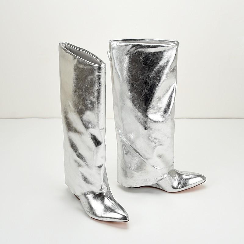 Stivali Pantalone Americani Taglia Larga 42 Argento Punta Tonda Tacco Alto Zip Stivali Alti Fino al Ginocchio Stile Europeo e Americano