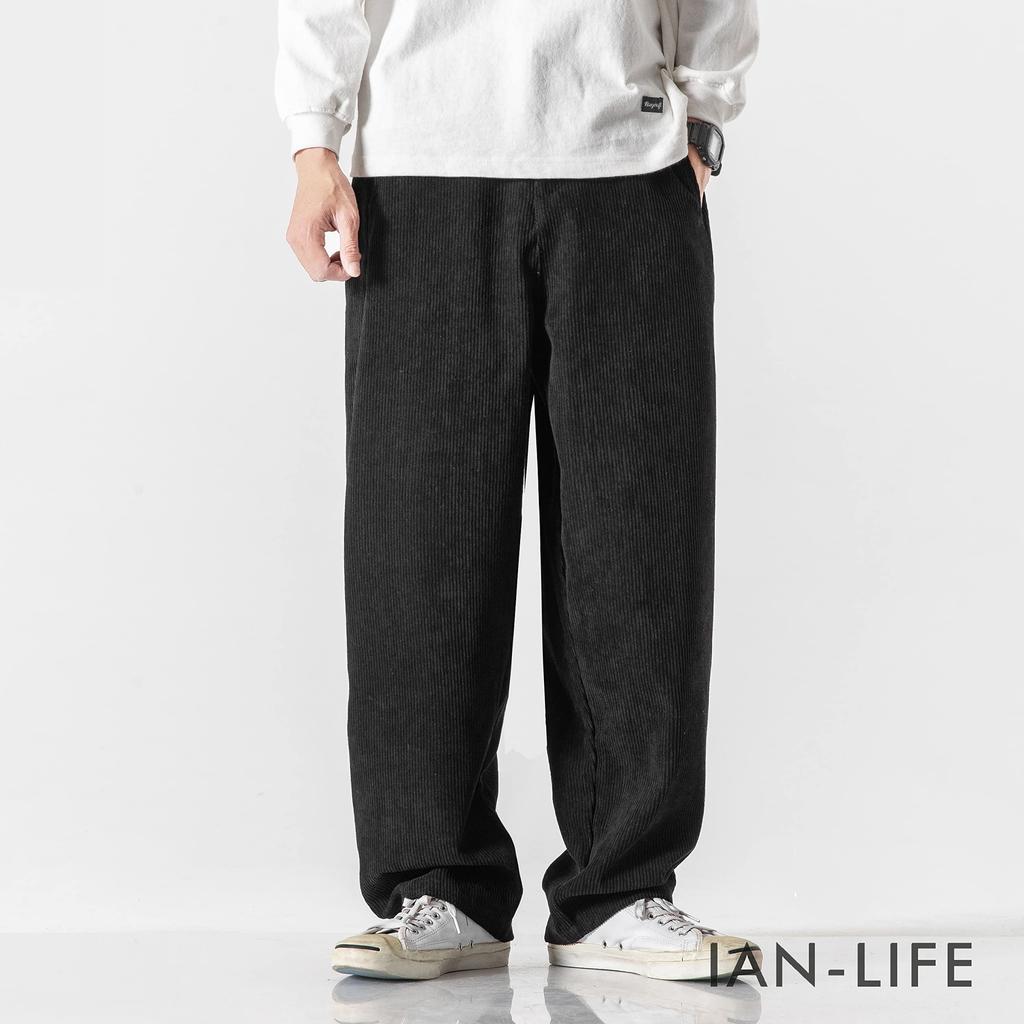 IAN-LIFE Men's Wide-Leg Corduroy Pants, Black, Size M
