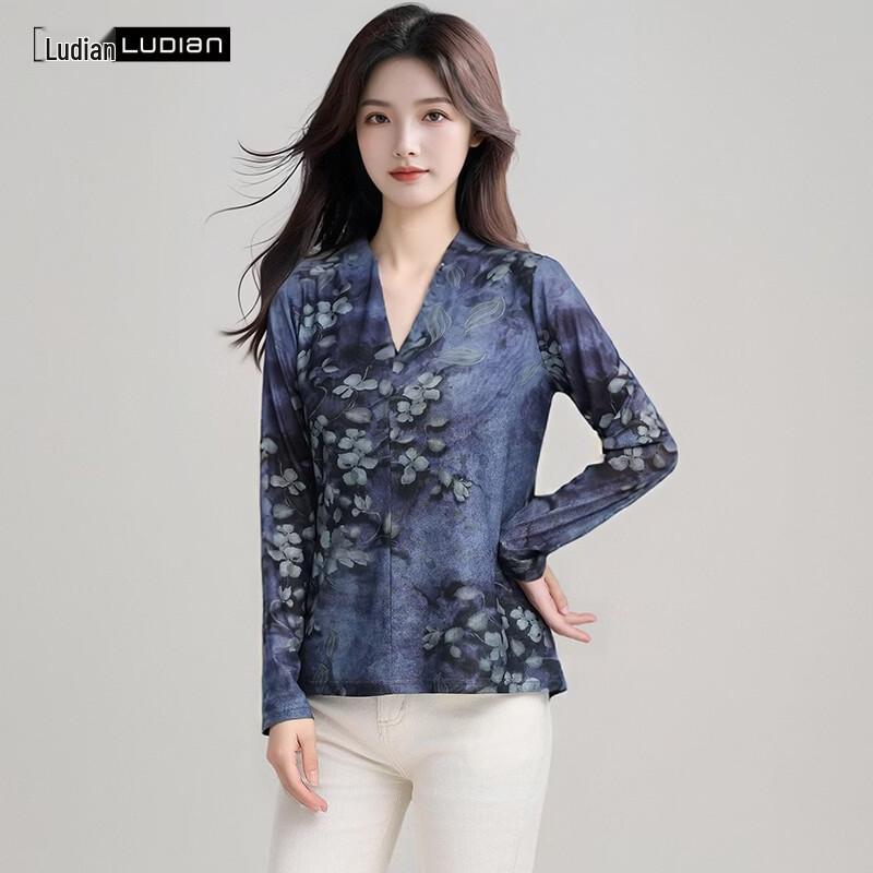 

Women s V-Neck Soft Mesh Floral Print Long Sleeve Top XL