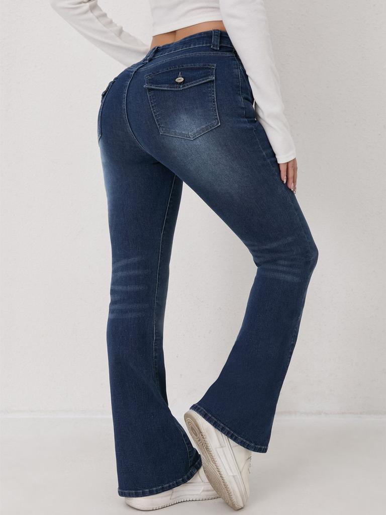 Puffanpop Women's High Waisted Stretchy Flare Jeans - Dark Wash Denim Bootcut Pants with Buttoned Back Pockets Slim Fit Bell Bottom Trousers