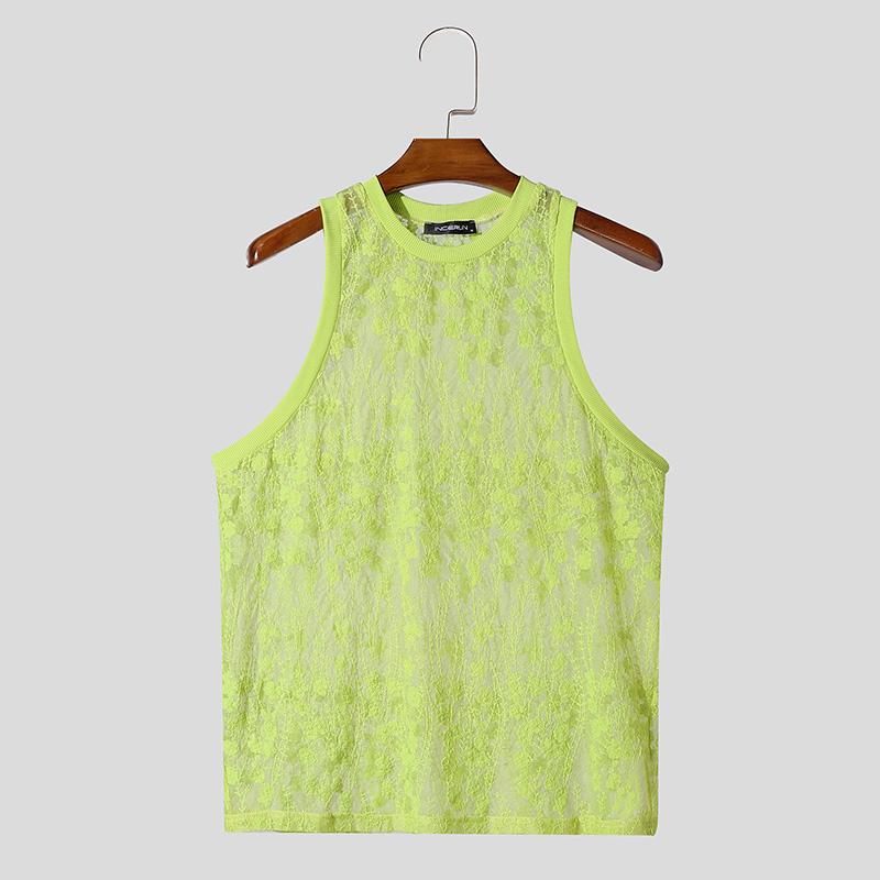 

INCERUN Летние мужские свободные топы без рукавов из сетчатого прозрачного кружева 5XL зелёный