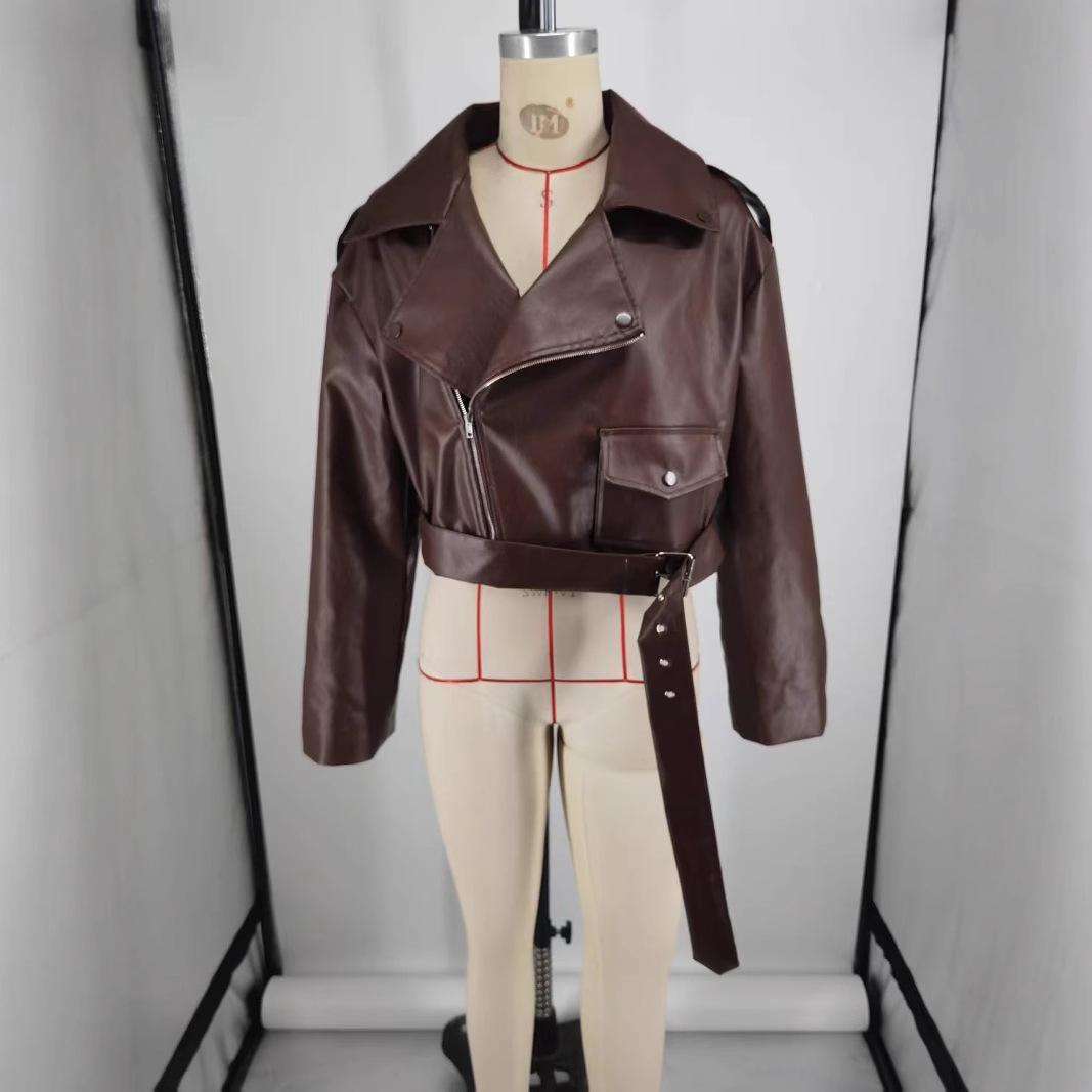 

Европейское и американское дизайнерское женское короткое коричневое пальто с лацканами и завязками Large коричневый