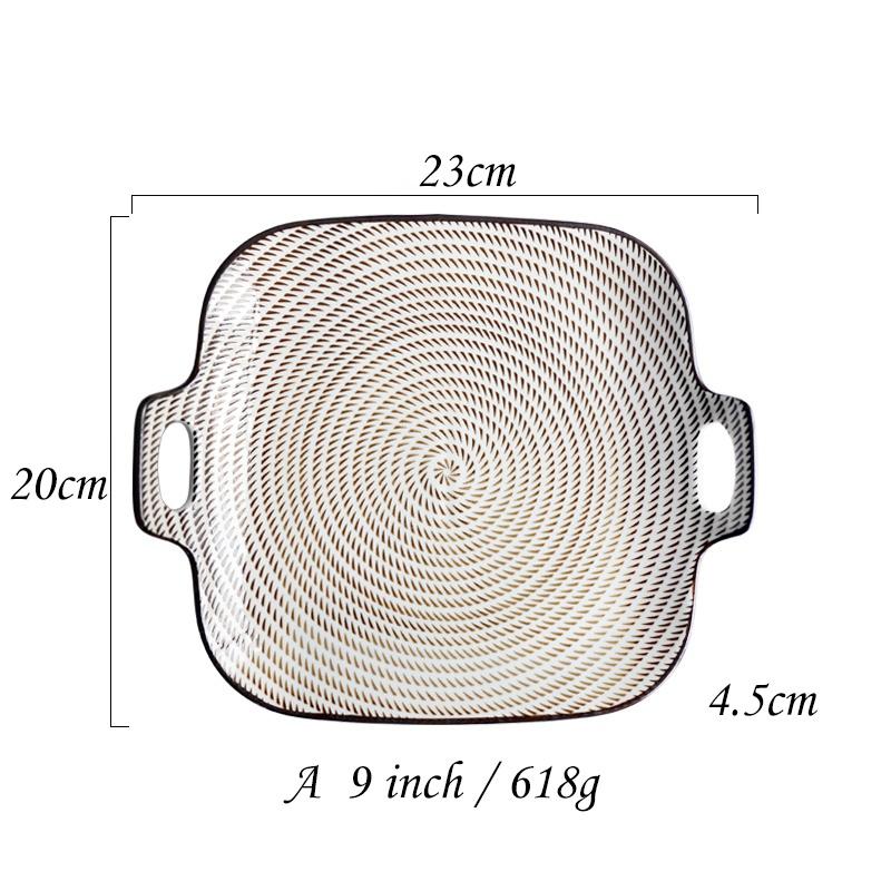 

9 inch Japanese Dinner Plate Line Stripe Dinner Dishes with Double Handle Square Main Courses Dish