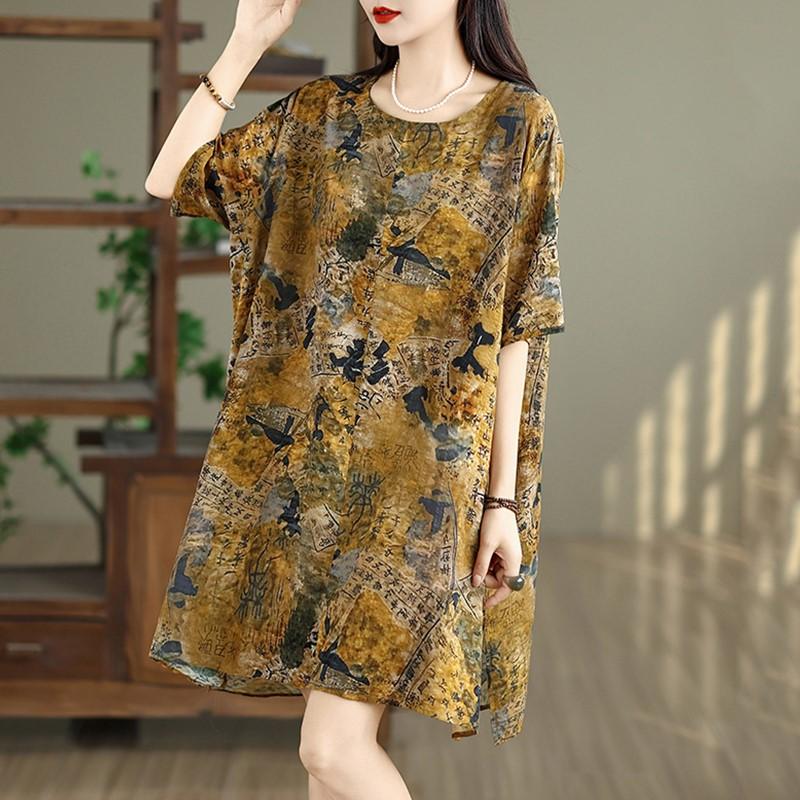 Short sleeve Plus size Cotton vintage floral new in dresses for women casual loose mini summer dress