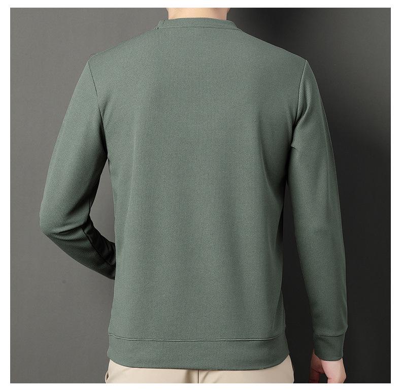 Men's Waffle Knit Long-Sleeve Hoodie - Solid Color Versatile Round Neck T-Shirt for Spring and Autumn