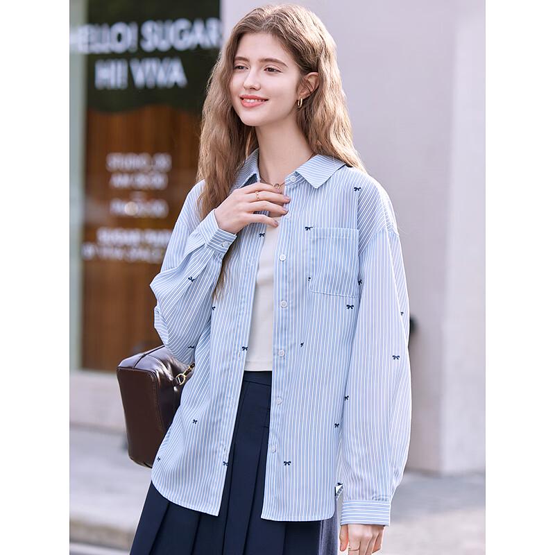Betu Women's Striped Bow-Knot Print Lapel Shirt Jacket