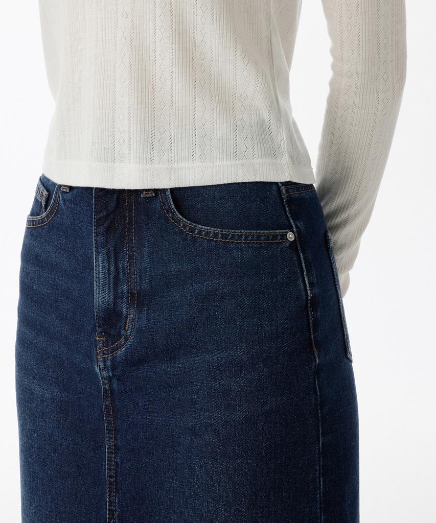Musinsa Standard Woman Women'S Front Slit Denim Long Skirt [Dark Blue]
