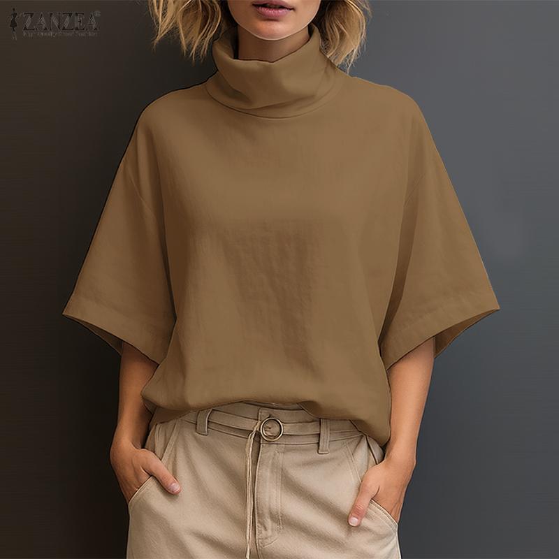 

ZANZEA Женская водолазка Свободная летняя повседневная блузка с полурукавом XL коричневый