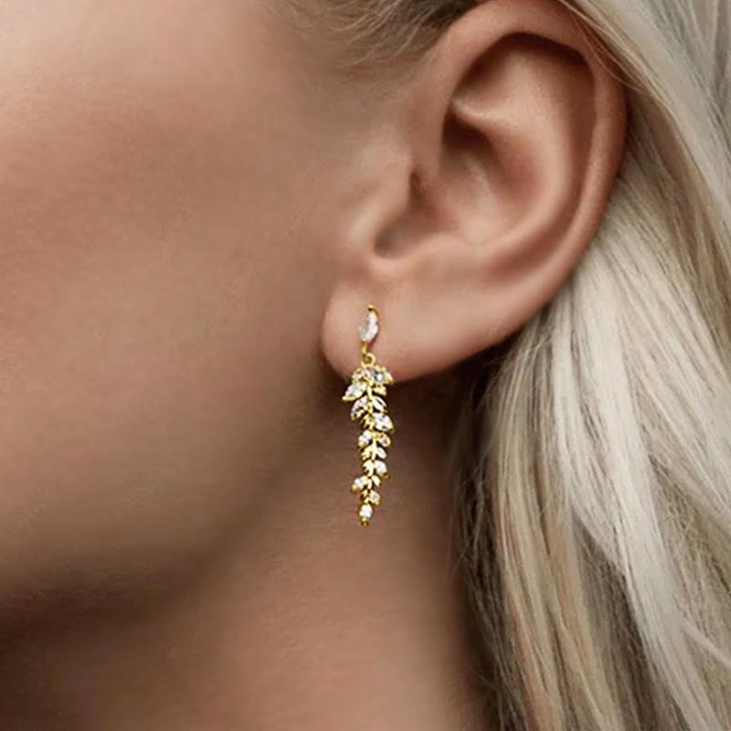 Grape Leaf Pendant Earrings, Marquis and Round Cubic Zirconia Women's Pendant Earrings, Elegant Bridal Wedding Jewelry Gifts