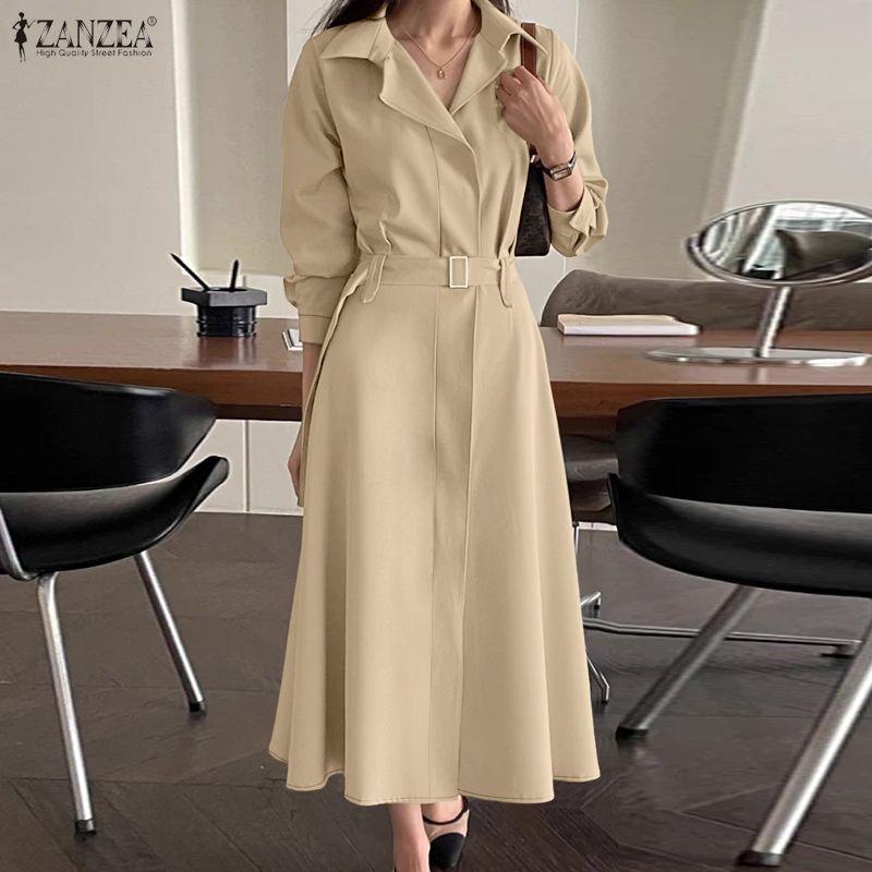 ZANZEA Women Turn Down Collar Long Sleeve Loose Casual Dress