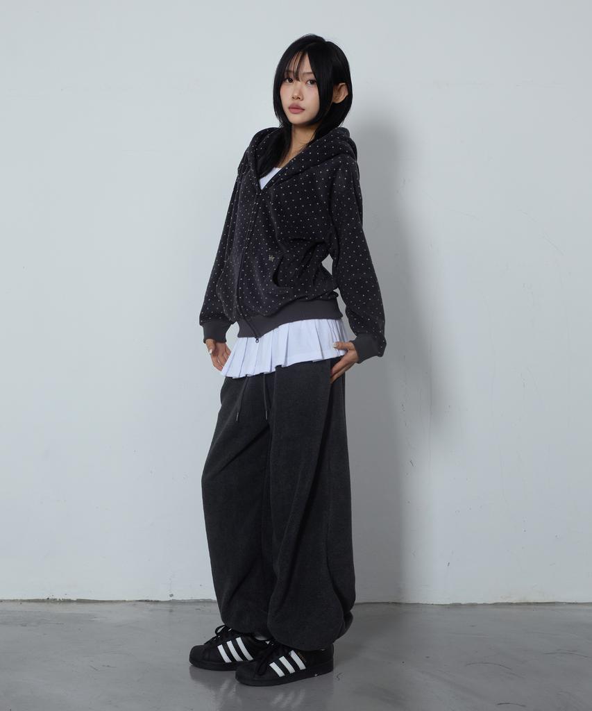 CHICKS Fleece Side Pintuck Balloon Jogger Pants Charcoal
