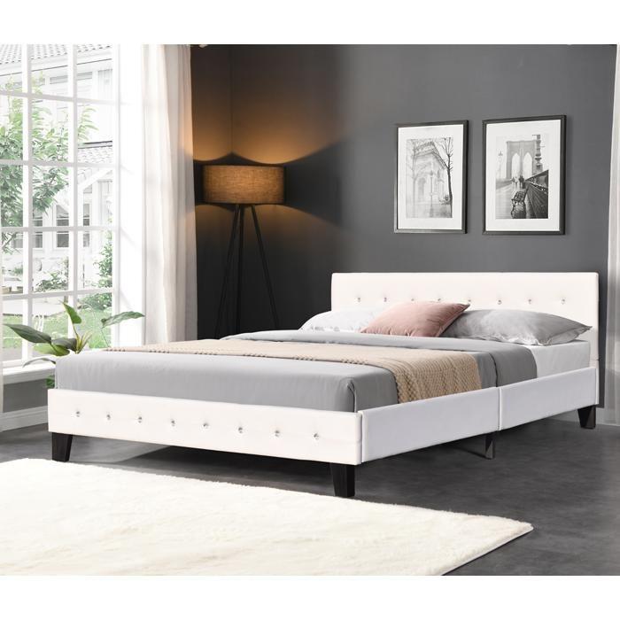 Bed - WHITE - 160x200 Cm - Upholstered Headboard - 2 Places - Slatted Base Included