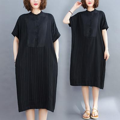 Real Shot Summer New Literary Large Size Loose Splicing Solid Color Round Neck Short Sleeve Dress Women's Clothing Medium and Long