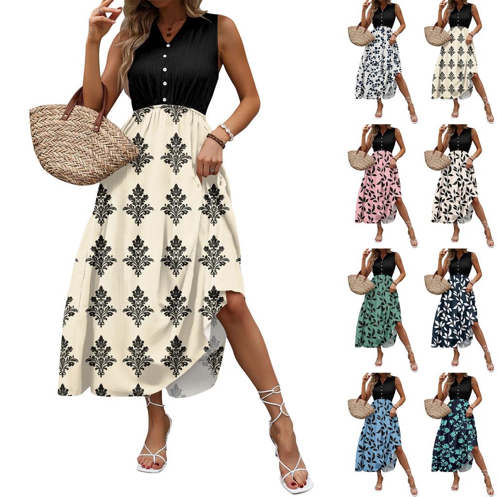 Dámské ležérní a módní šaty střední délky bez rukávů s potiskem a výstřihem do V