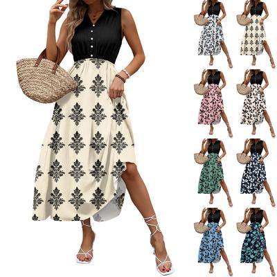 Women's Casual And Fashionable V-neck  Sleeveless Printing Mid Length Dress