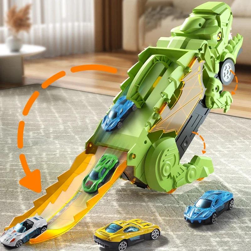 Non-Toxic New Kids Alloy Dinosaur Transport Car Toy Large Inertial Car Carrier Truck Pull Back Vehicle Animal Return Cage Game Holiday Gif