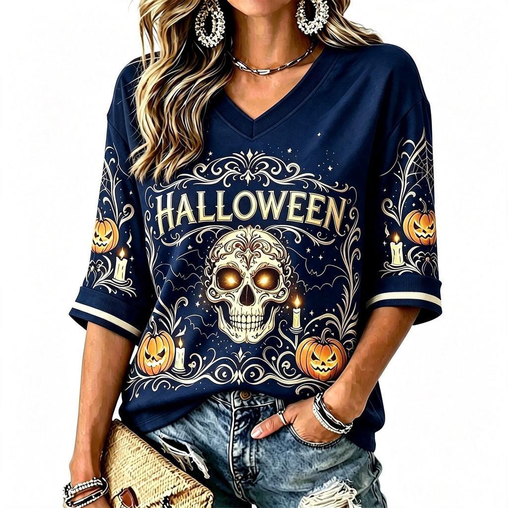 Women's Halloween Print V-Neck T-Shirt Casual Festive Party Top