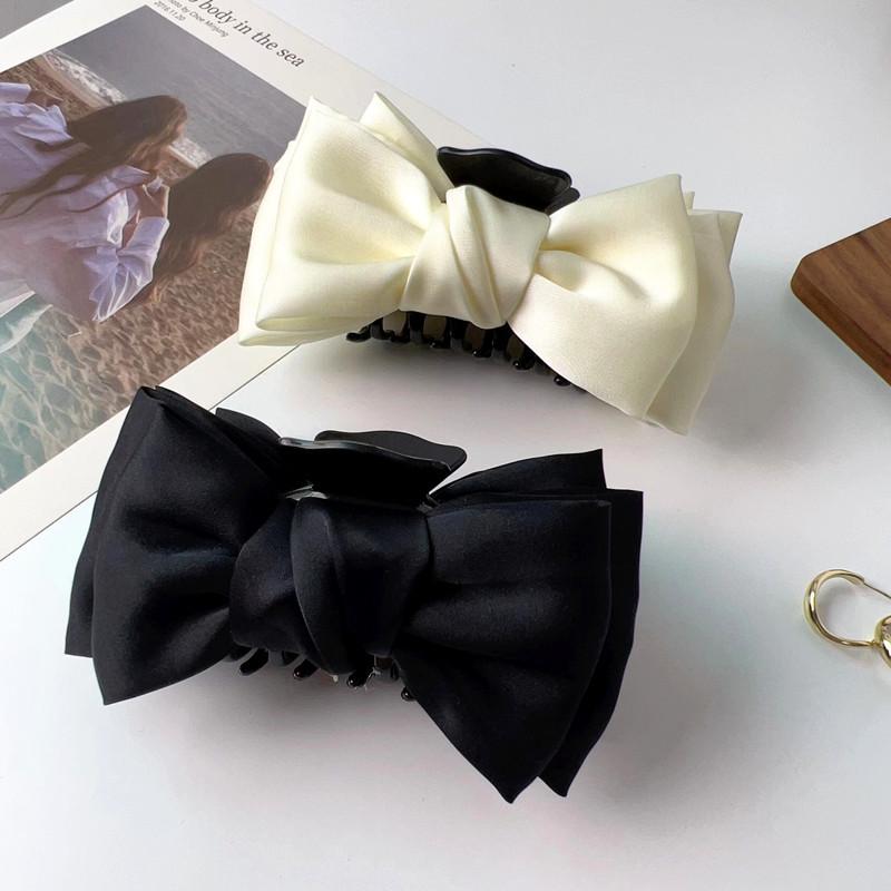 Vintage French Large Hair Bow Ties Claws Elegant Solid Color Big Bow Hair Clip Satin Butterfly Bow Hairpin Girl Hair Accessories