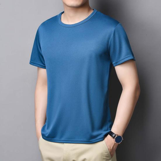 Summer Men Top Ice Silk Quick-drying Short Sleeves O Neck Loose Solid Color Thin Breathable Elastic Casual Pullover Daily Sport Top