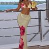 Three Piece Bikini Set with Top Adjustable Tie Bottoms and Sheer Mesh Cover Up Dress Large Floral Print