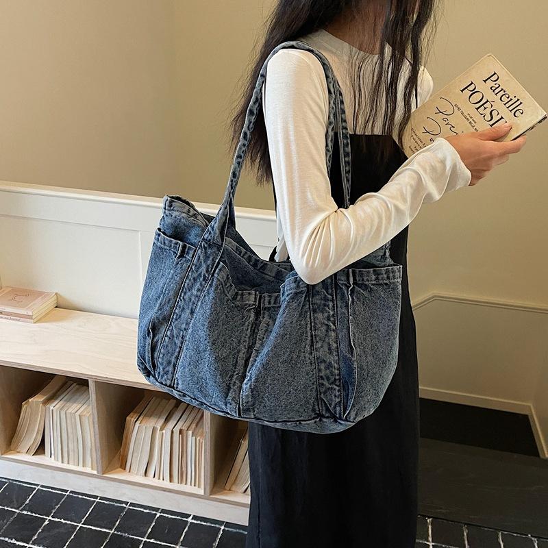 Borse a Spalla Vintage di Grande Capacità Stile Coreano Denim Lavato Casual e Minimalista Borsa da Pendolarismo Nuova Moda Semplice Borsa per Mamma