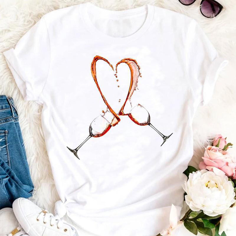Womens Fashion Wine Glass Print Trendy Womens Base Layer Halfsleeved Womens Wear Shortsleeved Women Tshirt for Summer