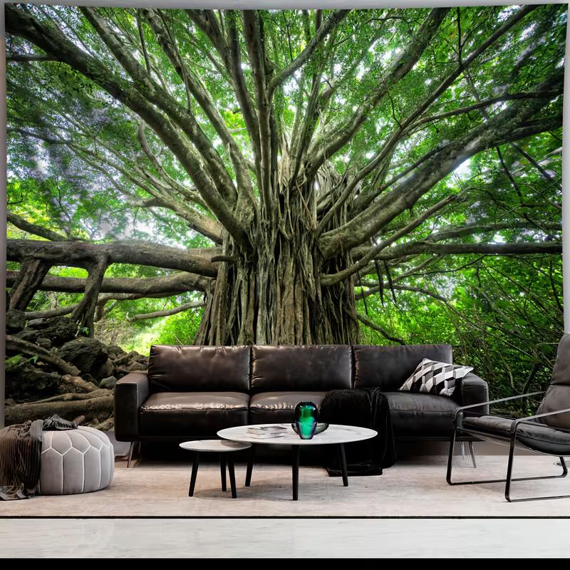 Enchanted Forest Banyan Tapestry, Massive Ancient Tree with Sprawling Branches and Dense Green Foliage, Calming Nature Wall Art