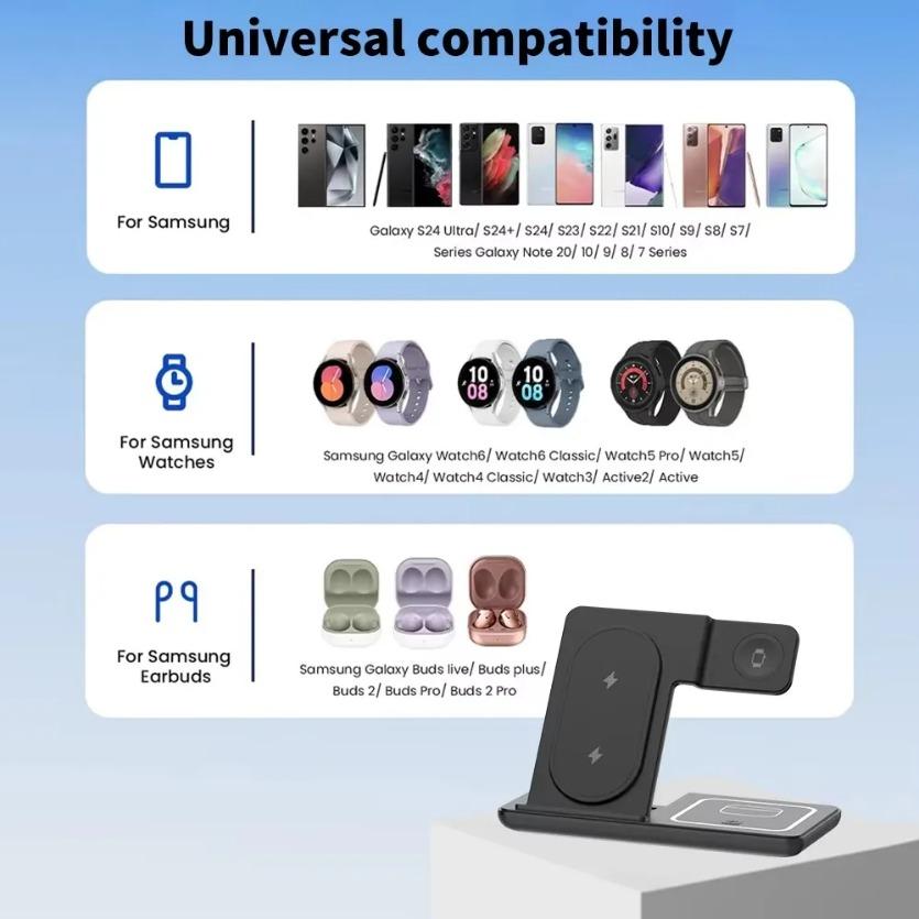 3 in 1 15W LED Foldable Wireless Charger Stand For Samsung S24 S23 Galaxy Watch 2-8 Active 1 2 Buds Pro Fast Charging Station