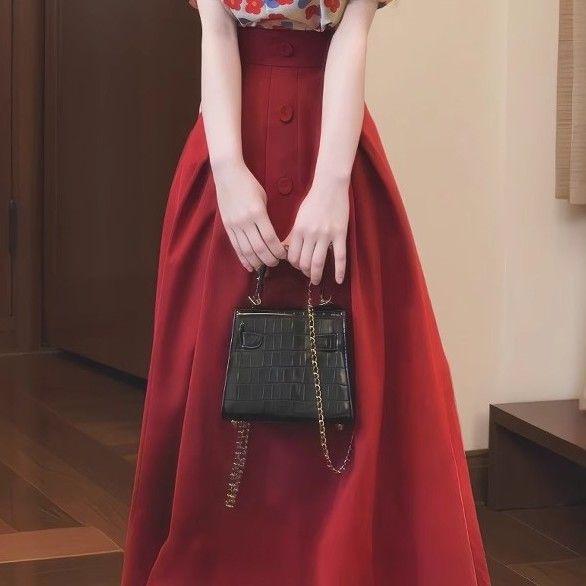 Plus-Size Retro Red Floral Print Shirt and High-Waisted Skirt Set