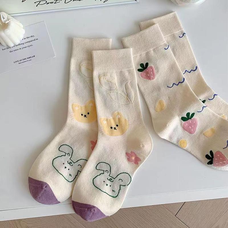 Cute Cartoon Print Women Cotton Socks Spring Autumn Soft Sweet Floral Middle Tube Sock JK Korean Harajuku Girls Socks Sokken