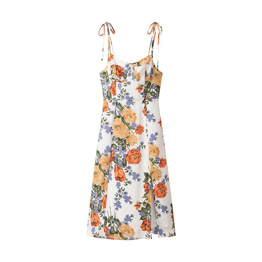 

Весна 2025 Женское платье в европейском и американском стиле на тонких бретельках с принтом, боковым разрезом и завязками на плечах Small