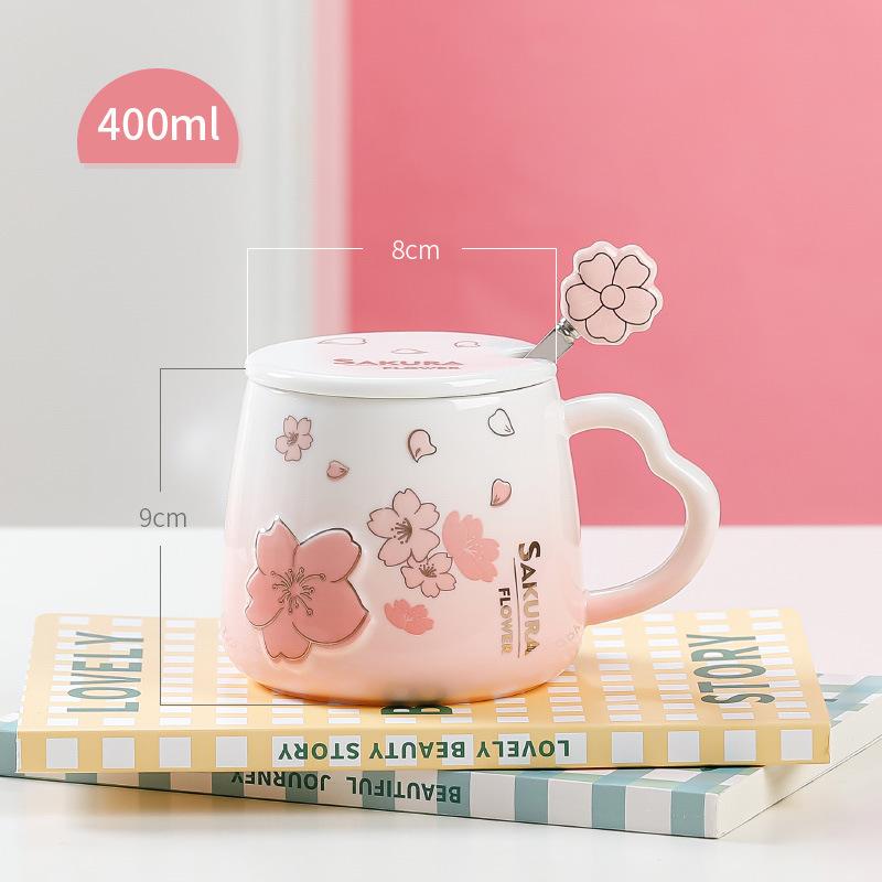 New Creative Cherry Blossom Ceramic Water Cup with Lid Spoon Heat resistant Cup Home Office Relief Mug Girl Heart
