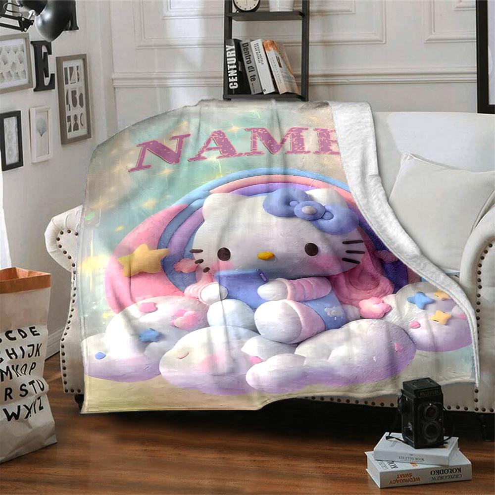 Hello Kitty With Rainbow And Stars Holding A Phone Multipurpose Customizable Blanket Personalized Name Soft Warm Cozy Great For Sofa Couch Office Bed